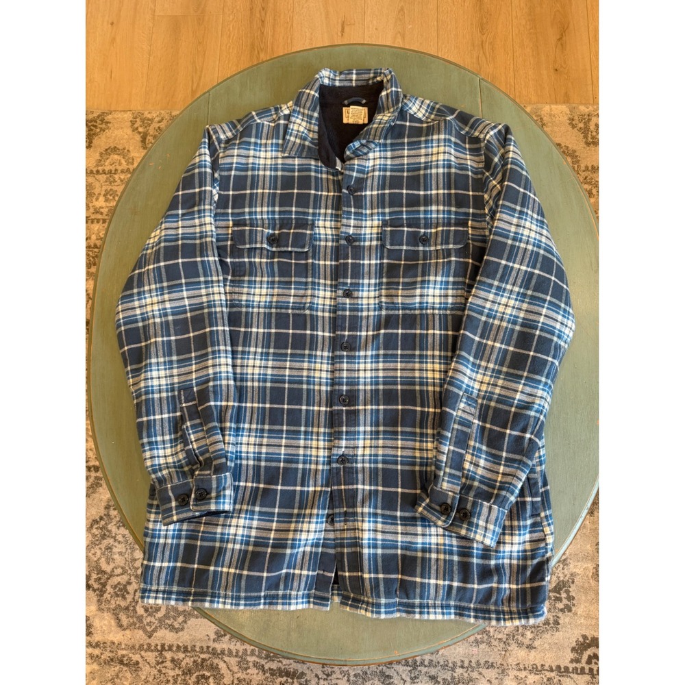 LL Bean Fleece Lined Flannel Shirt Jacket Blue‎ Plaid Mens Large Tall 298190
